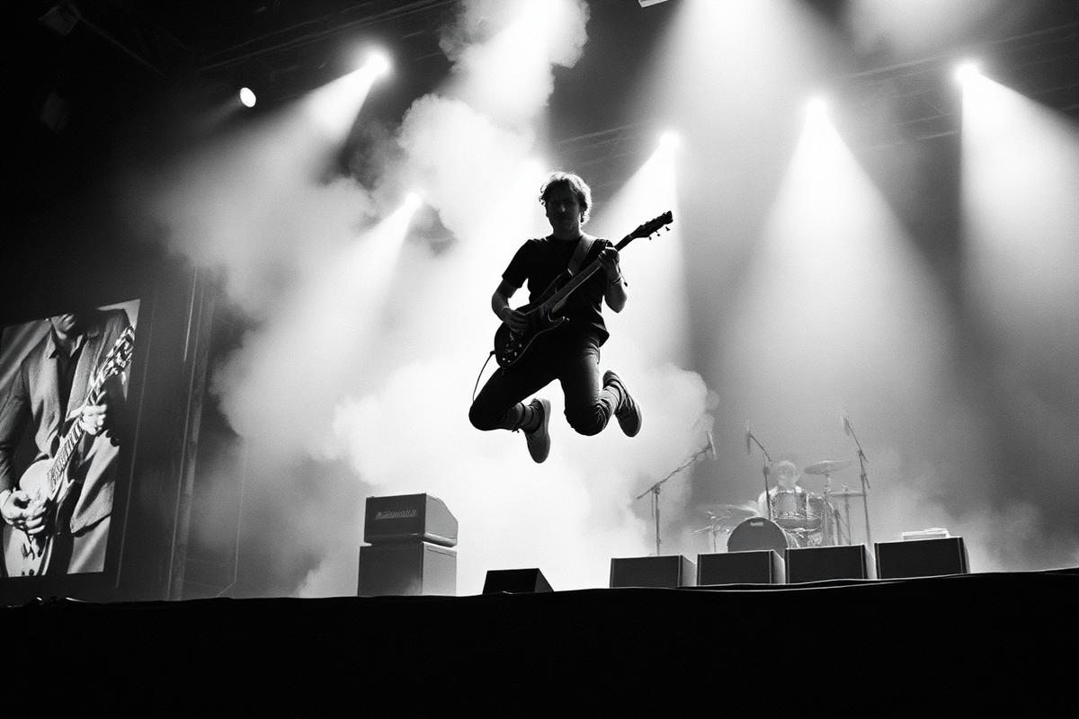 Guitarist mid-jump on a festival stage