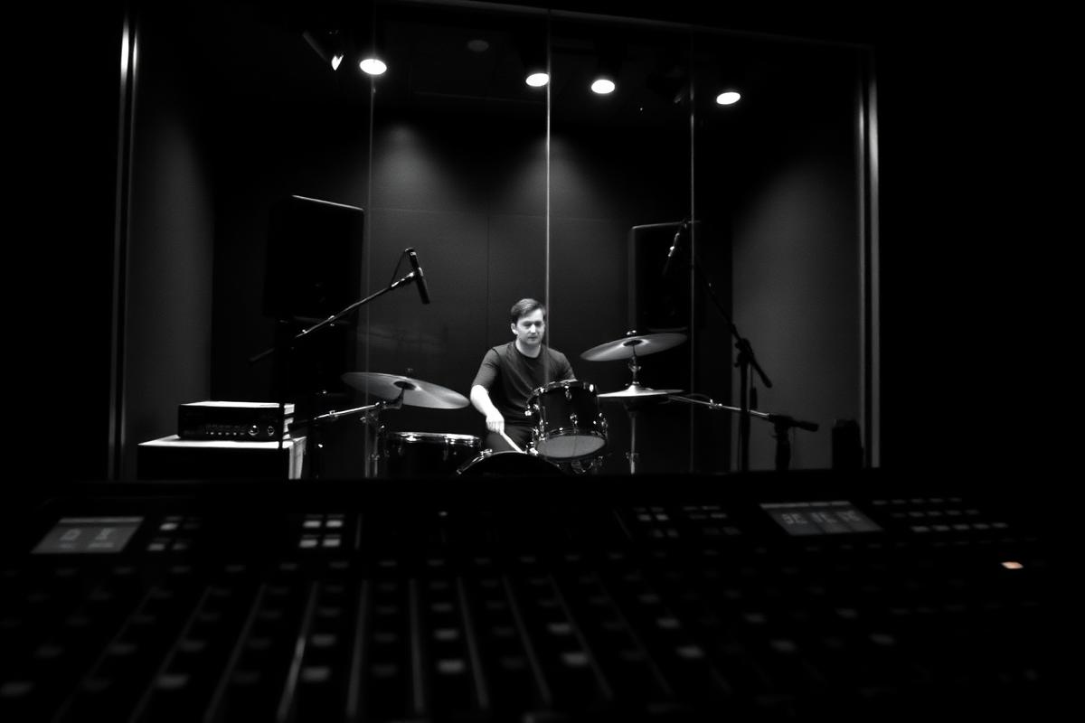 Drummer tracking in a recording studio behind glass