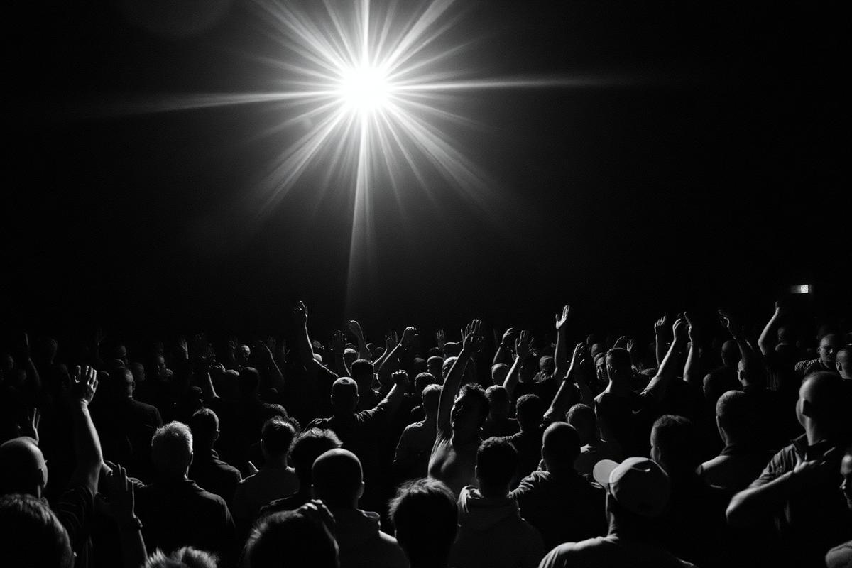 Crowd with arms raised seen from the stage