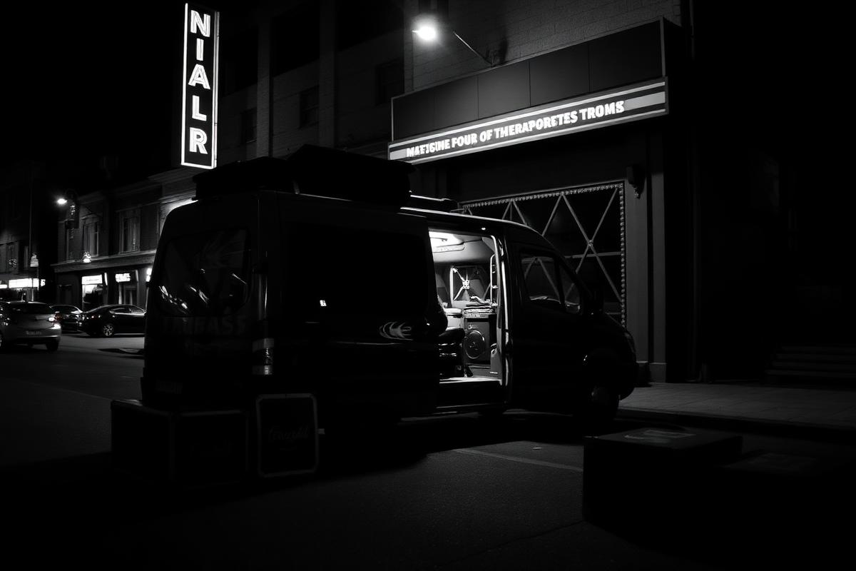 Tour van loading out at night outside a venue